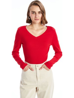 Lc Waikiki Yeni Sezon V Yaka Düz Uzun Kollu Kadın Tişört