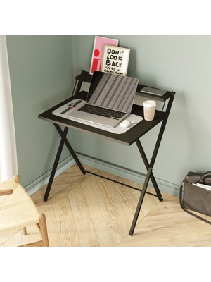 Ayz Bodo Metal Ayaklı Laptop Masası, Katlanır Çalışma Masası, Raflı Masa, Katlanır Laptop Sehpası Siyah-Siyah