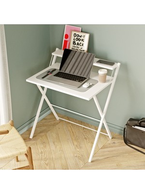 Ayz Metal Ayaklı Laptop Masası, Katlanır Çalışma Masası, Raflı Masa, Katlanır Laptop Sehpası Beyaz-Beyaz