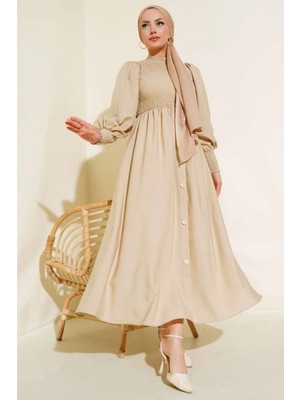 Tesettür Diyarı Bud Gipeli Pamuk Tesettür Elbise- Bej