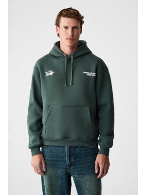 Grimelange Blaıse Erkek Önü ve Sırtı Baskılı Kapüşonlu Kordonlu Kanguru Cepli Regular Fit Yeşil Sweatshirt