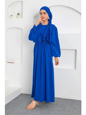 Tesettür Diyarı Dubai Kumaş Kemerli Tesettür Elbise- Saks Mavi
