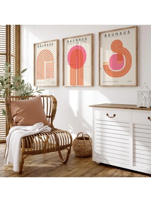 Pam Studio Bauhaus Poster Seti 3’lü | Modern Geometrik Çizgiler Turuncu Pembe Retro Tablo Duvar Dekoru