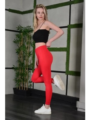Defy Moda Full Likra Extra Toparlayıcı Yüksek Bel Dar Kalıp Günlük Spor Tayt - Kırmızı