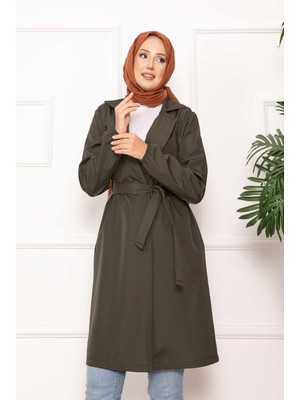 Tekstilla Kadın Antrasit/açık Gri Suni Deri Trençkot - Beli Bağlamalı ve Lastik Kollu Uzun Ceket