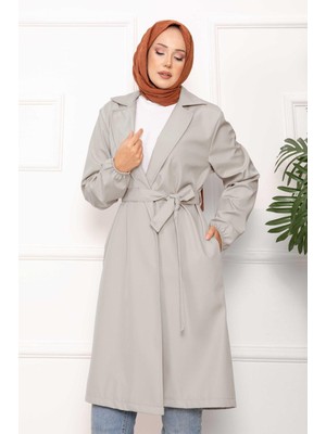 Tekstilla Kadın Antrasit/açık Gri Suni Deri Trençkot - Beli Bağlamalı ve Lastik Kollu Uzun Ceket