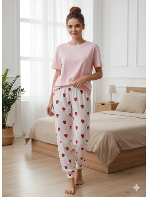 Erdenay Tekstil Ipeksi Dokulu Süet Pijama Altı Ekru Üzeri Kırmızı Kalpli