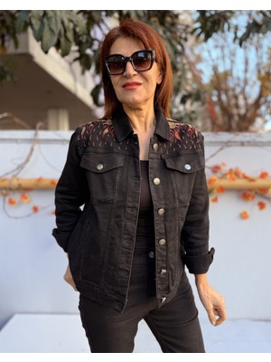 Denizege Butik Kadın Taş Detay Kot Ceket Siyah