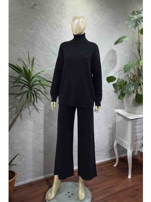 Karsel Kadın Siyah Triko Ikili Takım Boğazlı Kazak Geniş Paça Pantolon