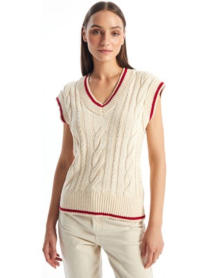 Lc Waikiki Yeni Sezon V Yaka Kendinden Desenli Kadın Triko Süveter