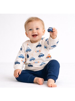 Bebek Araba Desenli 2’li Takım – Sweatshirt ve Alt Seti, Yumuşak Konforlu Günlük Kıyafet