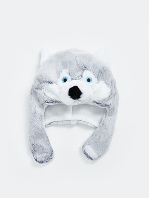 Lc Waikiki Hayvan Figürlü Gri Pelüş Erkek Çocuk Kar Şapkası Nakışlı Desen ile 4-6 Yaş