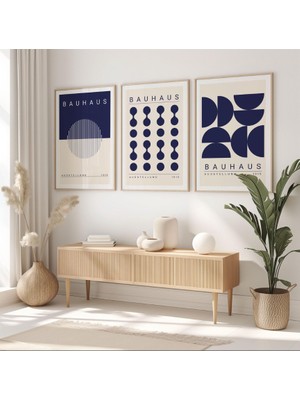 Pam Studio Bauhaus Stil Lacivert Minimalist Poster Seti | Modern Geometrik Çizgili 3’lü Duvar Tablosu