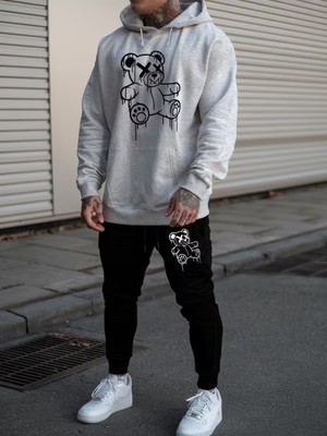 Sweet Cotton Erkek Kapüşonlu Kışlık Ayı Baskılı Eşofman Takımı-Alt Üst Takım