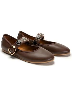 Emienza Pearlıta Vegan Deri Altın Broş Detaylı Bayan Babet