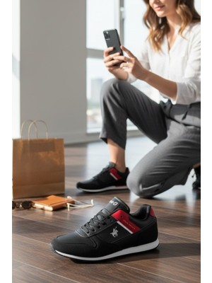 Enoch Erkek Siyah Kırmızı Şeritli Retro Spor Ayakkabı - Armalı Günlük Koşu Sneaker