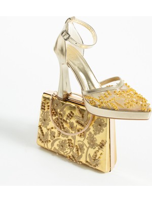 Dabab Shoes Pearly Altın Kadın Platformlu 11CM Topuklu Tül Incili Bilekten Bantlı Abiye Ayakkabı + Abiye Çanta Özel Kombin