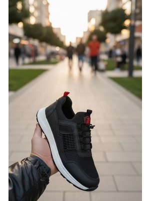 Enoch Erkek Siyah Akıllı Bağcıklı Yürüyüş Ayakkabısı - Bağcık Bağlamasız Pratik Sneaker