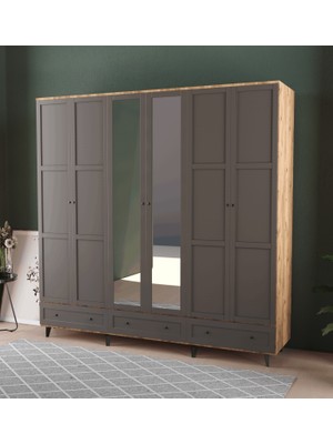 T&B Toprak 6 Kapaklı Çekmeceli Gardırop - Mdf Kapak