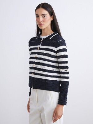 Lc Waikiki Yeni Sezon Polo Yaka Çizgili Ajurlu Kadın Triko Hırka