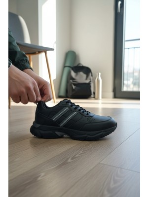 Enoch Erkek Siyah Gri Şeritli Günlük Spor Ayakkabı - Ortopedik Rahat Yürüyüş Sneaker
