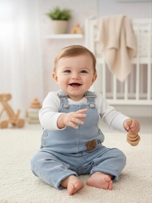 Baby Buu Minik Cepte Bear Punch Işlemeli Mevsimlik Kot Kumaş 2li Salopet Set