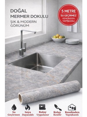 Toyfest Gri Mermer Desenli Kendinden Yapışkanlı Su Geçirmez Tezgah Kaplama Folyo – Parlak Yüzey 60x500 CM