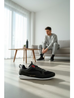 Enoch Erkek Siyah Gri Kırmızı Detaylı Spor Ayakkabı - Hafif Taban Yürüyüş Sneaker