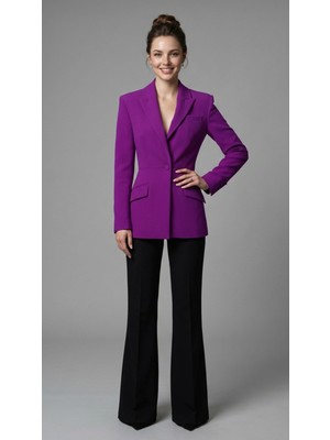 Pearl Kadın Bele Oturan Mor Blazer Ceket ve Siyah Yüksek Bel Ispanyol Paça Pantolon Takım – Şık Ofis & Davet Kombini