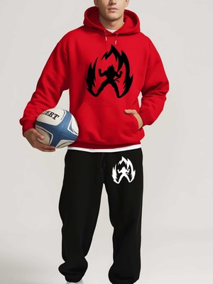 Sweet Cotton Pamuklu Erkek Baskılı Alt Üst Eşofman Takımı Oversize Kapüşonlu