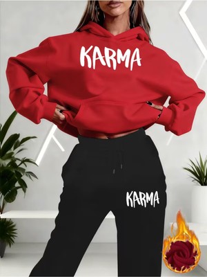 Sweet Cotton Kadın Baskılı Kapüşonlu Eşofman Takımı - Kapüşonlu Sweatshirt Alt Üst Takım
