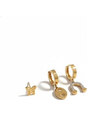Stainless Steel 316 L Kalite Paslanmaz Çelik Gold 3lü Küpe