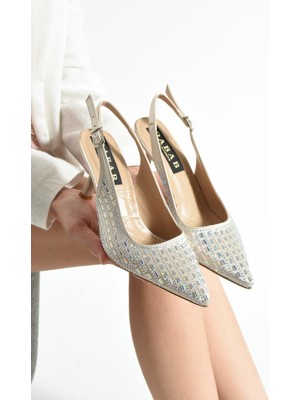 Dabab Shoes Merıa Kadın Bej Gold 7 cm Sivri Burun Kristal Taş Işlemeli Slingback Ince Topuklu Arkası Açık Ayakkabı