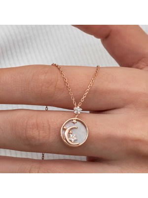 Menessa World Gümüş Rose Sedef Taşlı Ay Yıldız Hilal Kadın Kolye