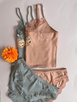 Kadın Atlet-Külot Alt Üst Takım Ip Askılı 6 Parça Pudra-Yeşil- Gri Renk Dantelli Pamuklu Atlet-Külot(Kota)