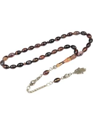 Burhan Sağlam Arpa Kesim 10X7 mm Ateş Kehribar Alpaka Püsküllü Tesbih