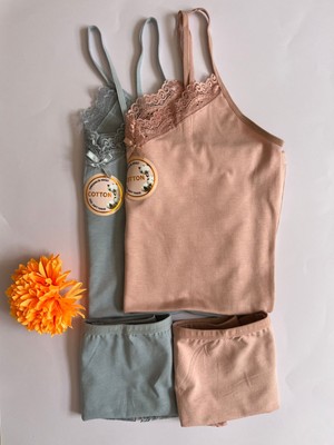 Kadın Atlet-Külot Alt Üst Takım Ip Askılı 6 Parça Pudra-Yeşil- Gri Renk Dantelli Pamuklu Atlet-Külot(Kota)