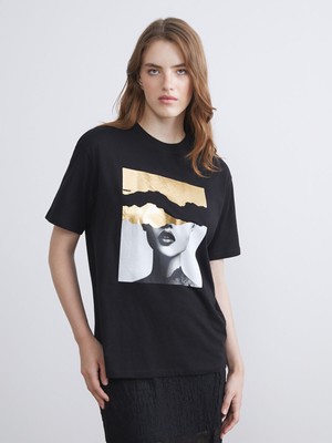 Lc Waikiki Yeni Sezon Bisiklet Yaka Baskılı Oversize Kadın Tişört