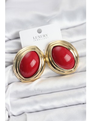 Pirinç Kırmızı Badem Model Gold Kadın Küpe