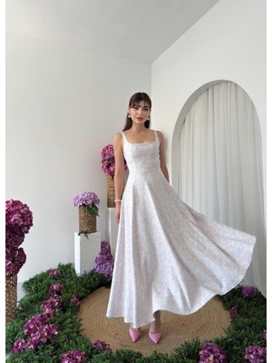 Nils Butik Kare Yaka Askılı A-Kesim Jakarlı Midi Elbise-Düğün-Nişan-Mezuniyet-Özel Davet