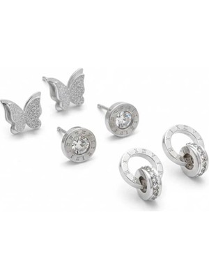 Stainless Steel Gümüş Renk Kelebek Incili 6'lı Çet Çelik Küpe