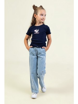 Dmb Kids Kalp Nakışlı Beli Lastikli Kız Çocuk Kot Pantolon