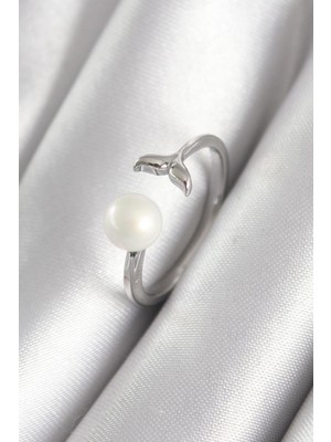 cleovibe Pirinç Gümüş Renk Top Inci Figür Balık Kuyruğu Model Kadın Yüzük