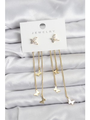 cleovibe Kelebek Model Gold Renk Pirinç Sallantılı Kadın Küpe