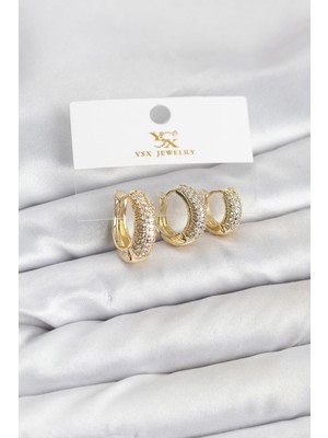 cleovibe Pirinç Gold Renk Zirkon Taşlı Halka Model Ysx Trio Küpe Seti