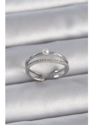 cleovibe Pirinç Gümüş Renk Zirkon Taşlı Inci Detay Ayarlanabilir Model Kadın Yüzük