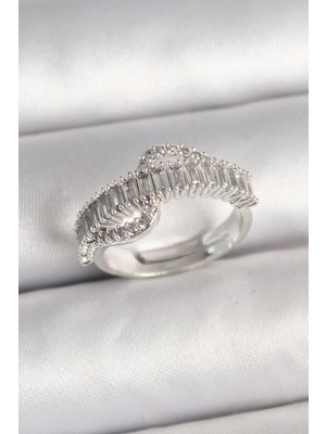 cleovibe Pirinç Gümüş Renk Su Yolu Zirkon Taşlı Ayarlanabilir Model Kadın Yüzük