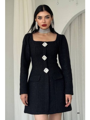 Zishan Fashion Tüvit Kumaş Büyük Taş Düğmeli Mini Elbise (Siyah & Ekru) 753