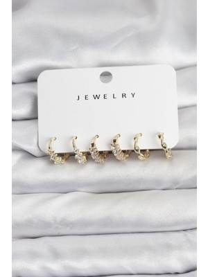 cleovibe Pirinç Gold Renk Zirkon Taşlı Kadın Küpe Seti