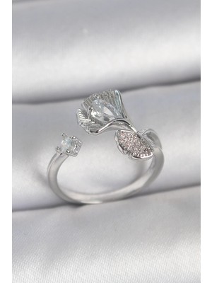 cleovibe Pirinç Gümüş Renk Zirkon Taşlı Deniz Kabuğu Model Ayarlanabilir Kadın Yüzük